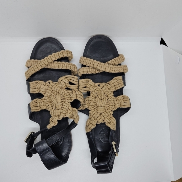 Tory Burch black leather and tan macrame Fleur flat sandals 8.5M - Picture 5 of 9